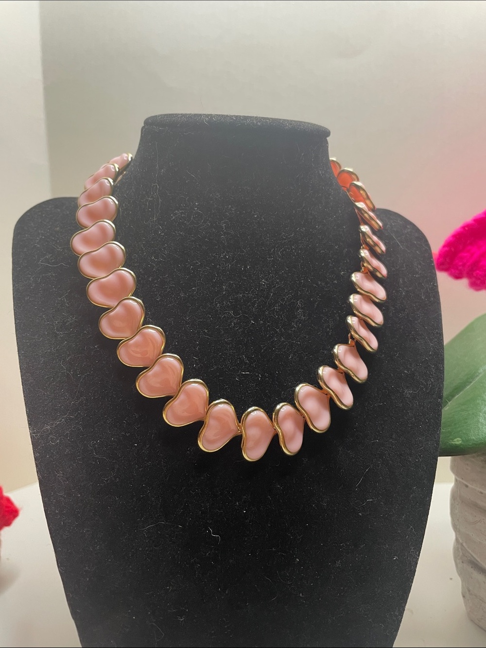 Pink Heart-Link Gold Trim Necklace - Women's Jewelry